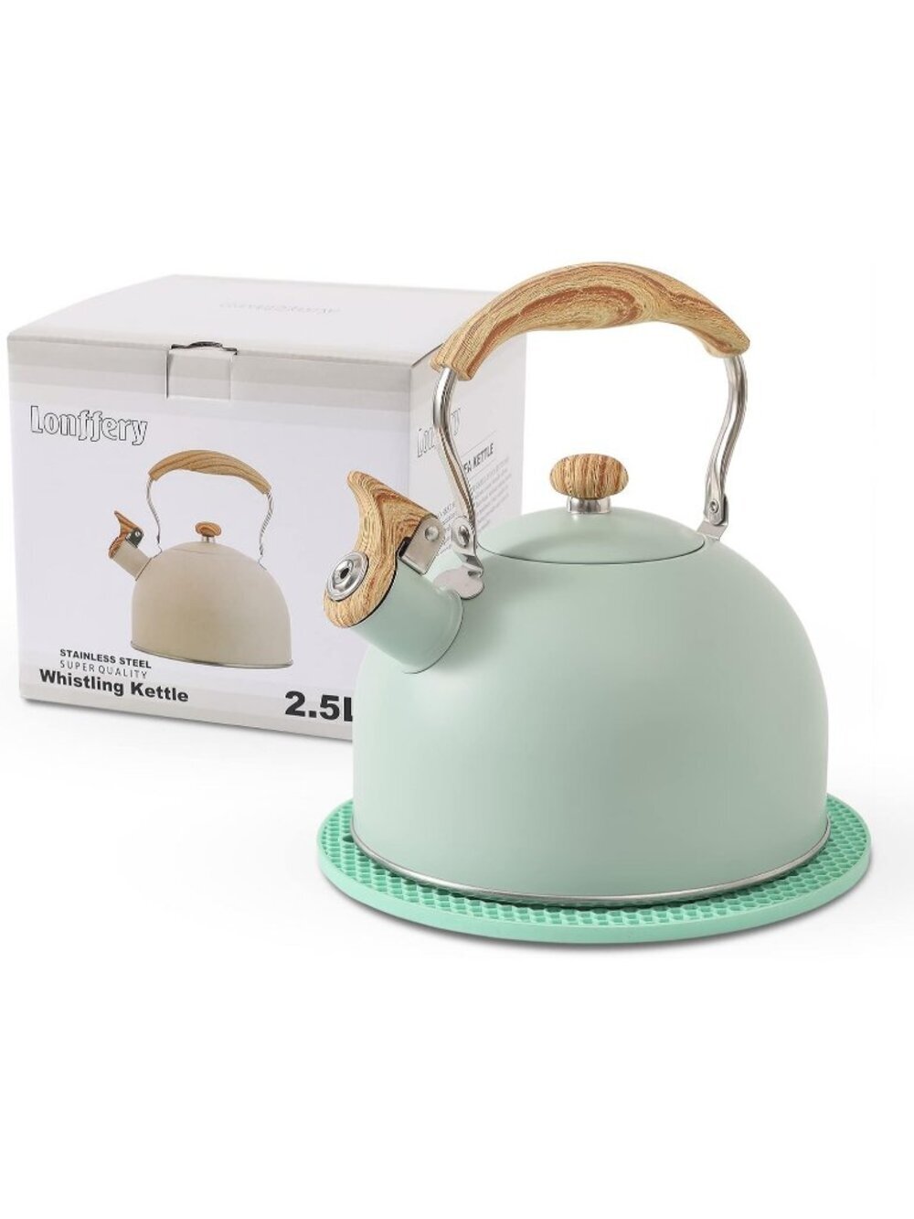 Green Kitchen Whistling Tea Kettle 2.5 QT Stainless Steel Wood Folding Handle